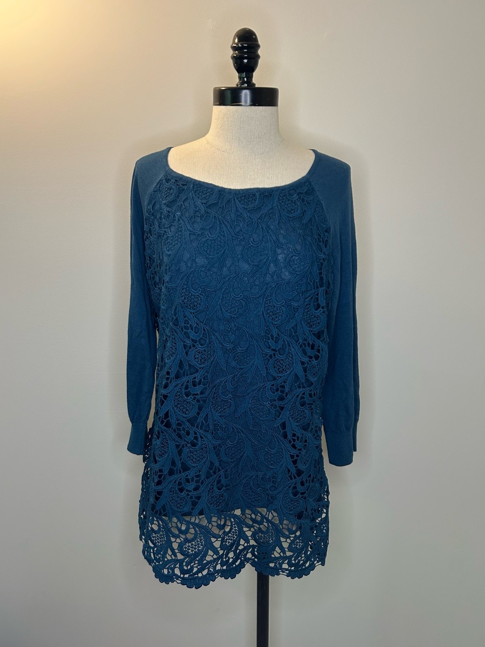 Roz & Ali Teal Blue Floral Lace Overlay Blouse Top 3/4 Sleeve Womens L